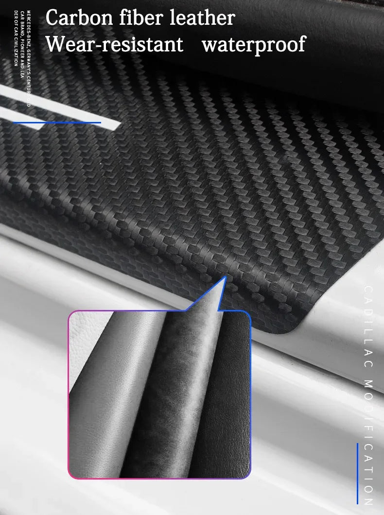 Close-up view of a carbon fiber leather door sill protector showing the textured surface and material thickness.