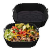 Black reusable square air fryer silicone liner with food inside