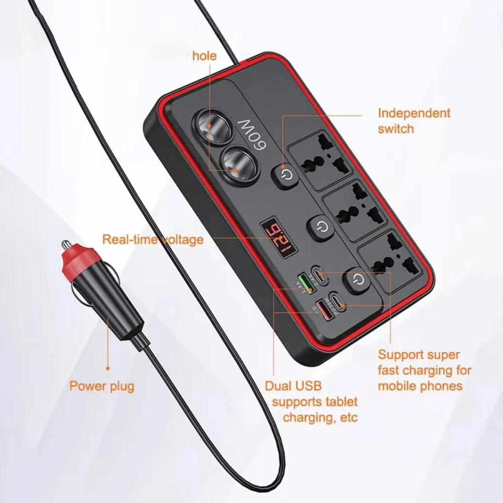 A black portable car power inverter with an independent switch, real-time voltage display, and dual USB ports.