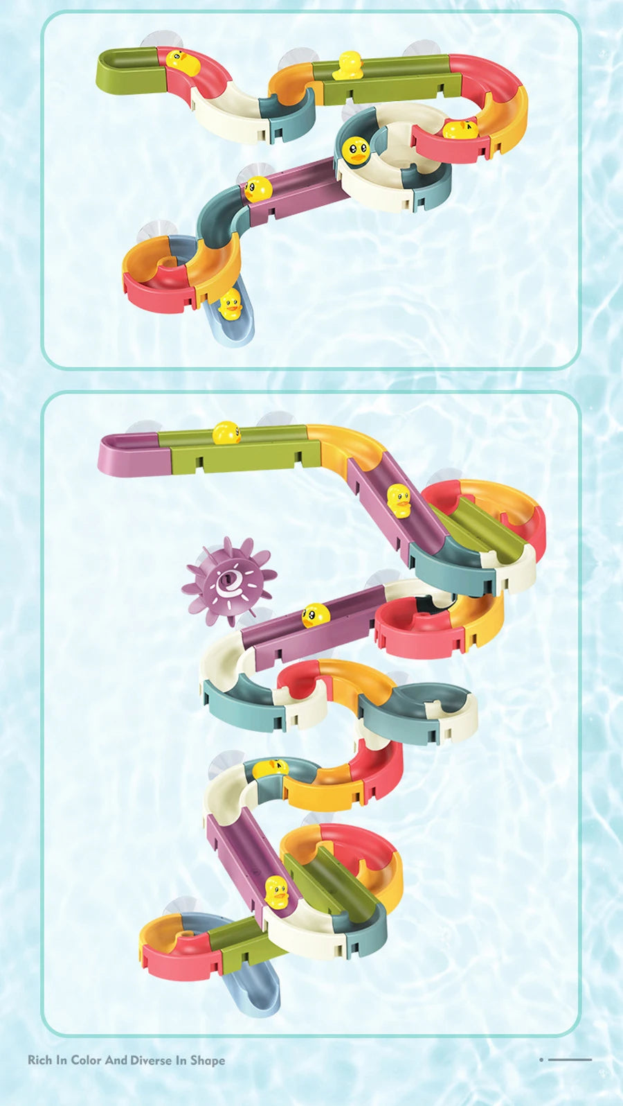 A set of colorful duck slide toys for toddlers, showing various shapes and colors in a water context.