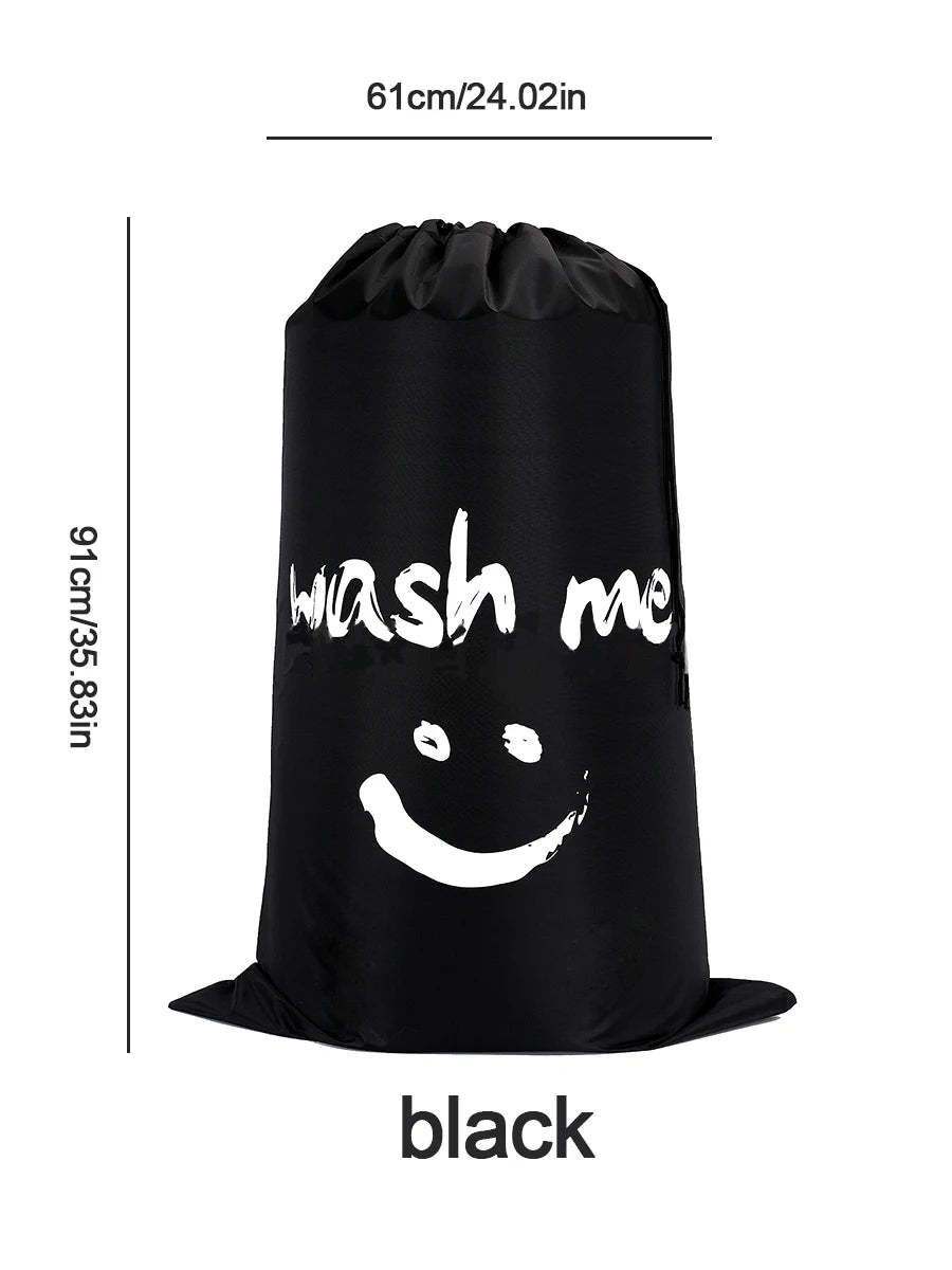 A black drawstring laundry bag with the text wash me printed on it.