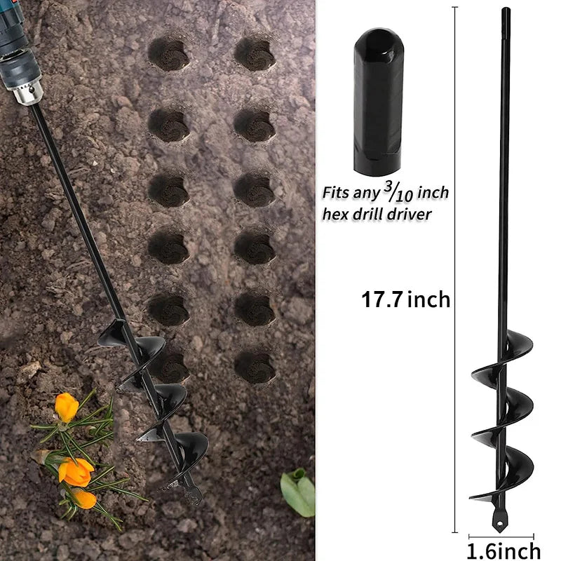 A black garden auger drill bit with a 1.6-inch shaft and a 3/10 inch hex drive, shown next to its size specifications.