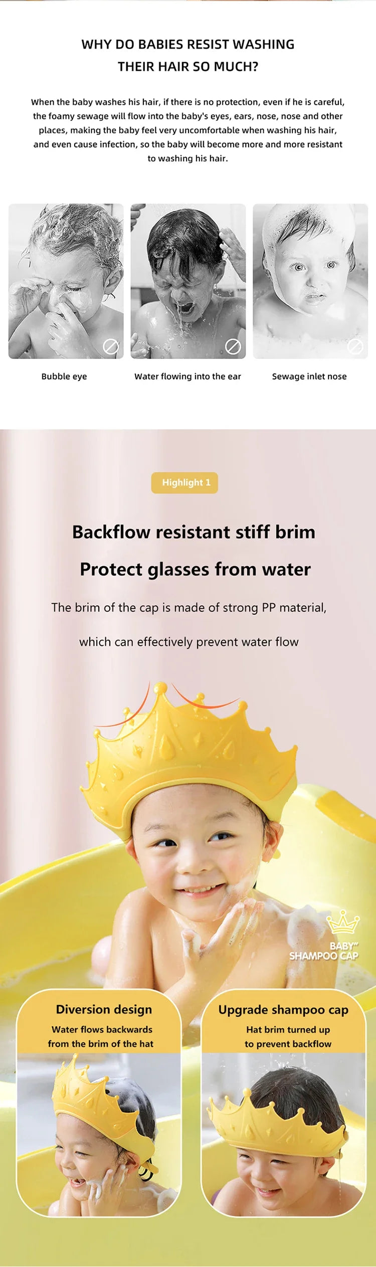 A yellow shampoo cap with a crown design is shown protecting a baby's head from water flow.