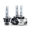 A pair of HID Xenon headlight bulbs with glass filaments and metal bases are displayed on a white background.
