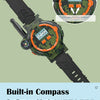 A close-up of an electronic digital time watch with a built-in compass and camouflage design.