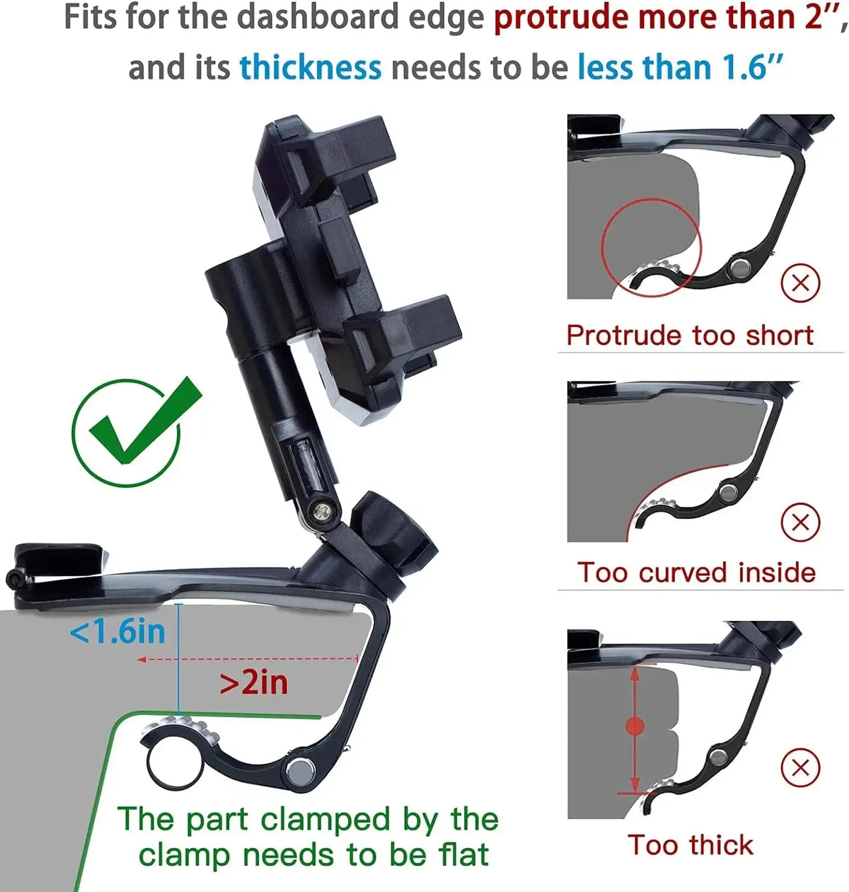 Diagram showing fit requirements for a dashboard edge mount, including protrusion length, curvature, and thickness limits.