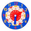 A wooden clock face with blue background and red hands showing the time, designed as a Montessori educational toy.
