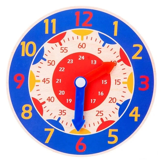 A wooden clock face with blue background and red hands showing the time, designed as a Montessori educational toy.