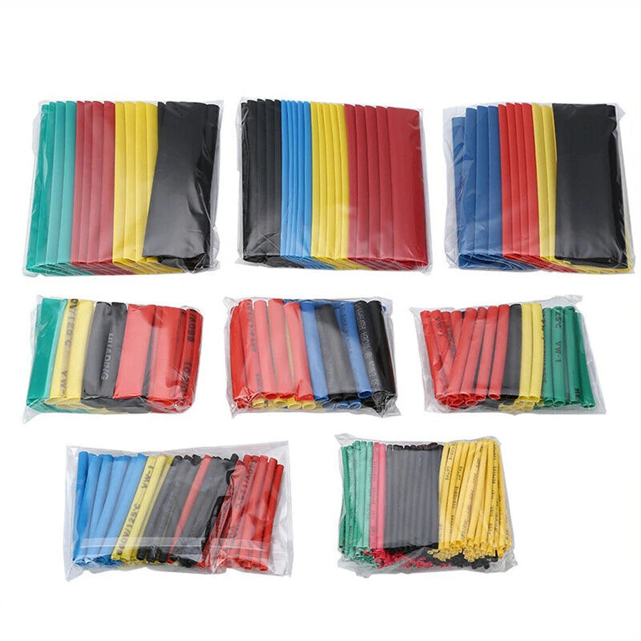 Assortment kit of heat shrink tubing in various colors including blue, yellow, red, and black.