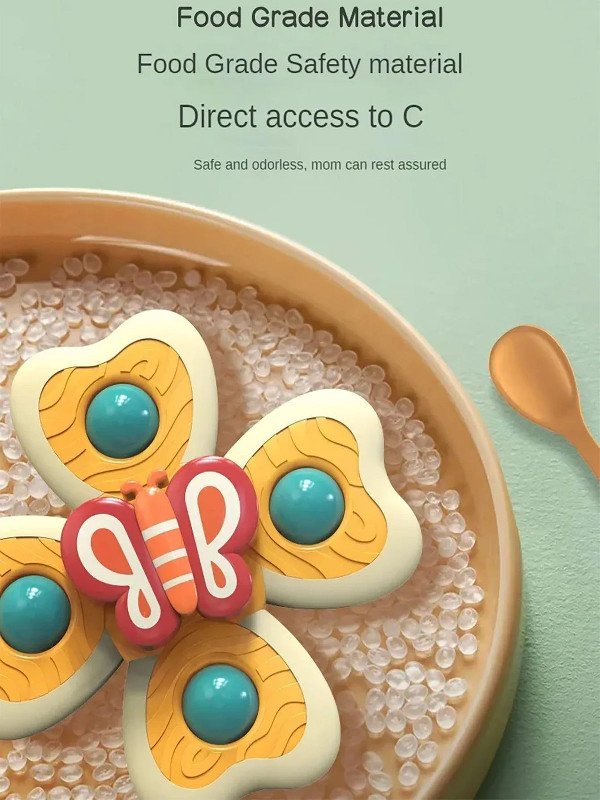 A close-up of food grade material with an insect-themed design featuring orange and white shapes on a light pink plate.