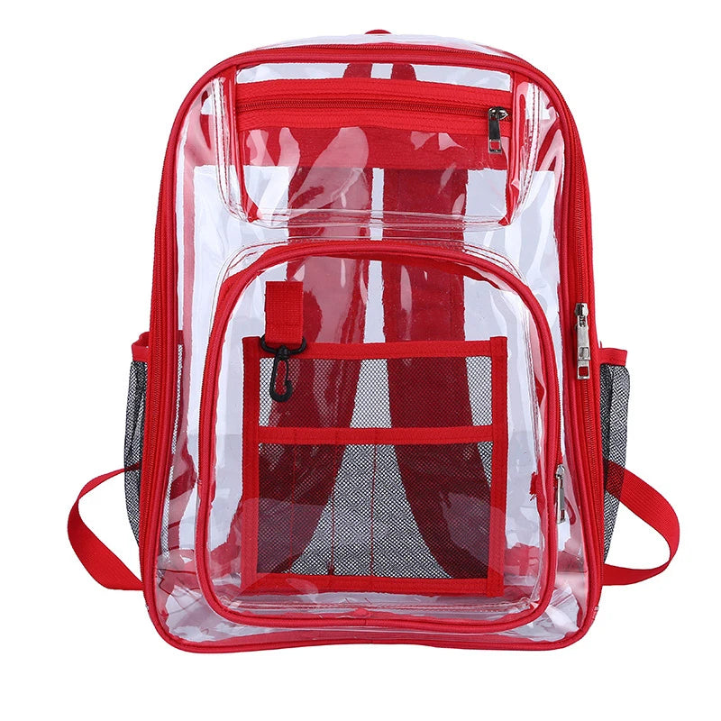 A transparent red waterproof shoulder bag with a zipper and mesh pocket.