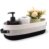 A woven cotton rope storage basket with a black lid and a white roll of paper inside, set against a white background.