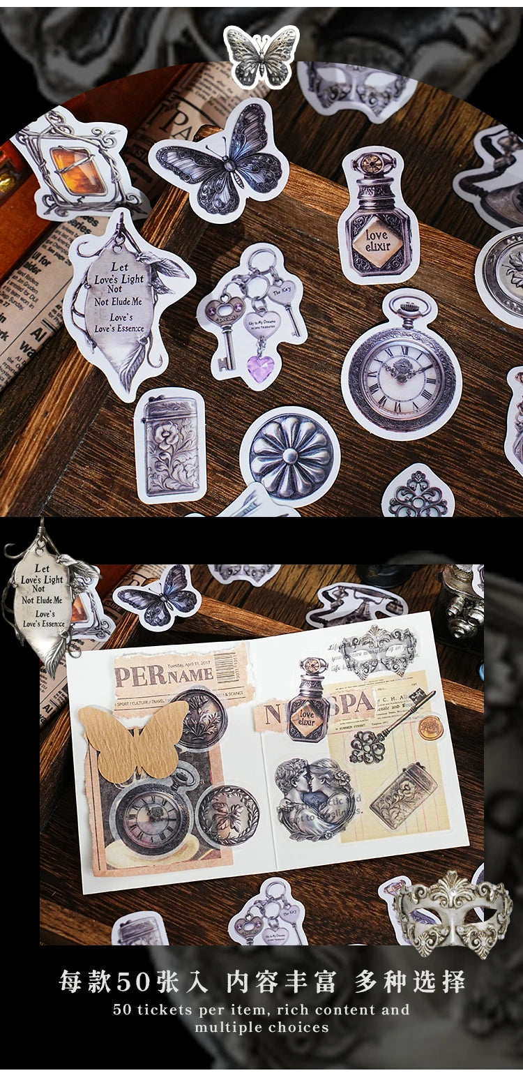 A collection of vintage alchemy washi stickers featuring decorative metal-embossed elements for journaling and scrapbooking