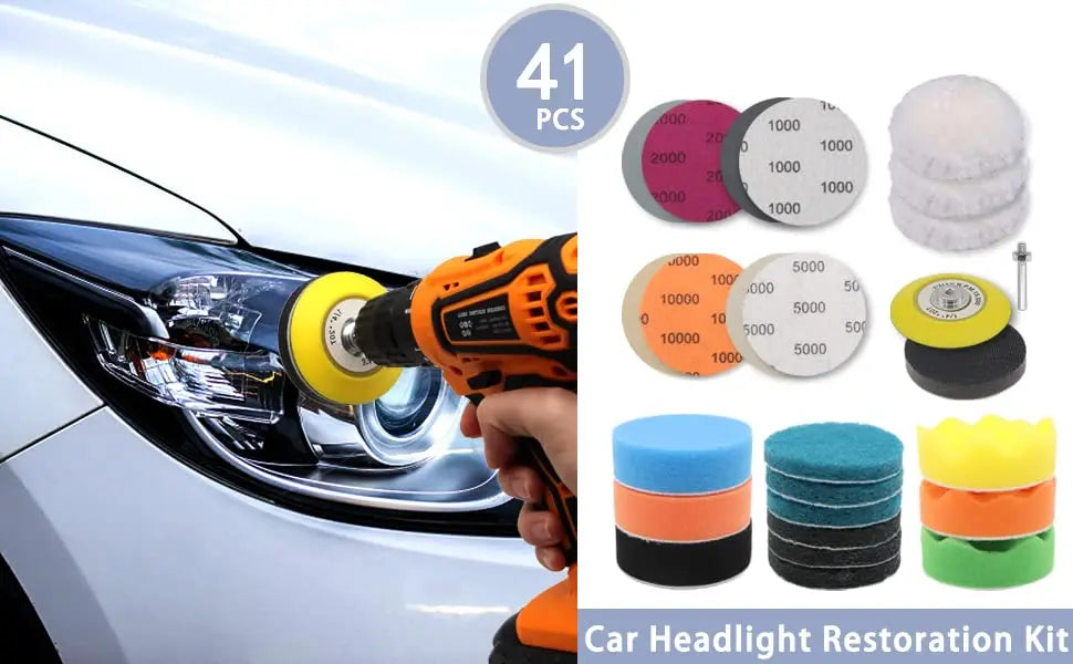 Car headlight restoration kit showing sanding discs, polishing pads, and a white foam block for restoration.
