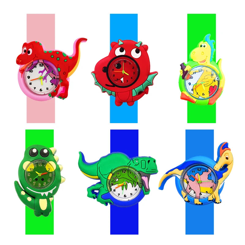 A collection of five colorful kids' dinosaur digital watches with silicone bands displayed against a vertical striped backgro