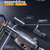 A modular M416 water gun assembly showing components like a silencer, laser aiming instrument, and battery support.