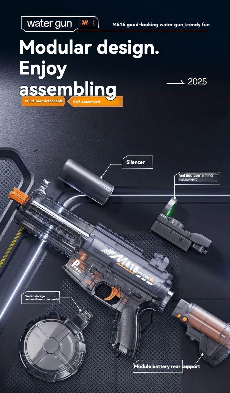 A modular M416 water gun assembly showing components like a silencer, laser aiming instrument, and battery support.