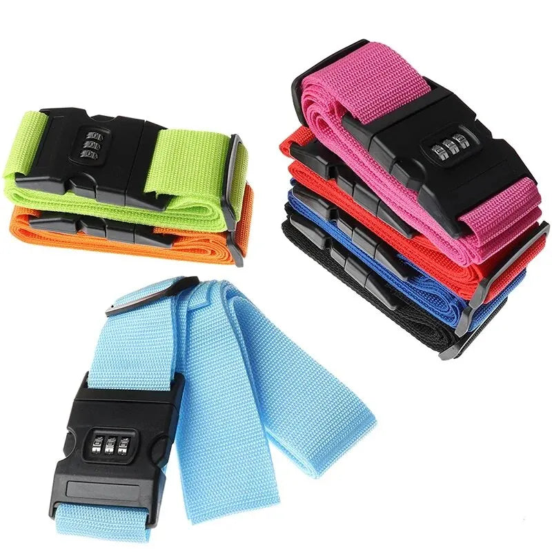 A stack of colorful adjustable luggage straps, including black, pink, green, and orange, with a blue strap shown separately.