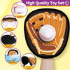 An orange glove with a white baseball inside, shown alongside accessories like a soft ball and adjustable straps.