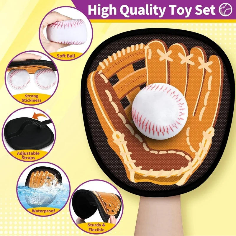 An orange glove with a white baseball inside, shown alongside accessories like a soft ball and adjustable straps.