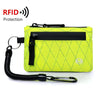 A bright yellow RFID-blocking travel wallet with a black carabiner clip attached.