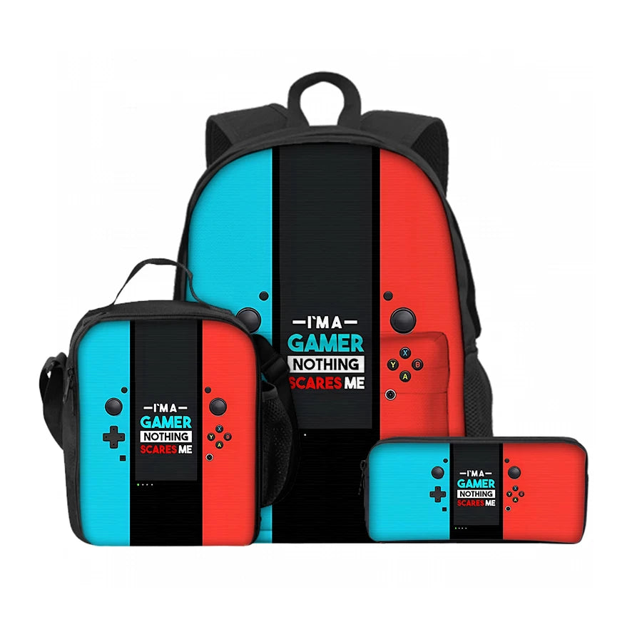 A set of three gaming console backpacks featuring black, red, and blue color schemes.