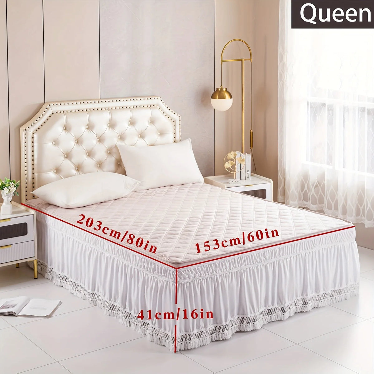 White Queen bed featuring an elastic wrap-around ruffled skirt with lace trim and white bedding.