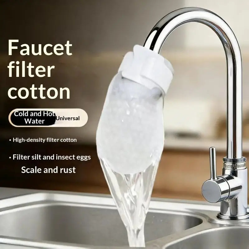 A faucet filter cotton bag is shown being used to filter water from a kitchen faucet.