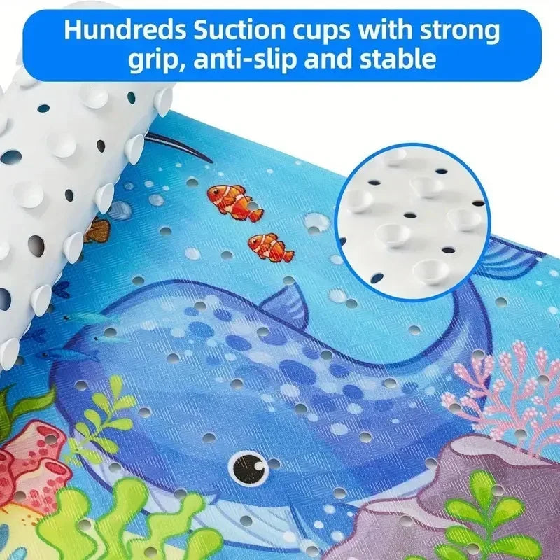 Extra long non-slip cartoon bathtub mat with suction cups featuring a blue fish design.