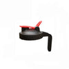 Black mason jar lids with red pour spouts and handles.