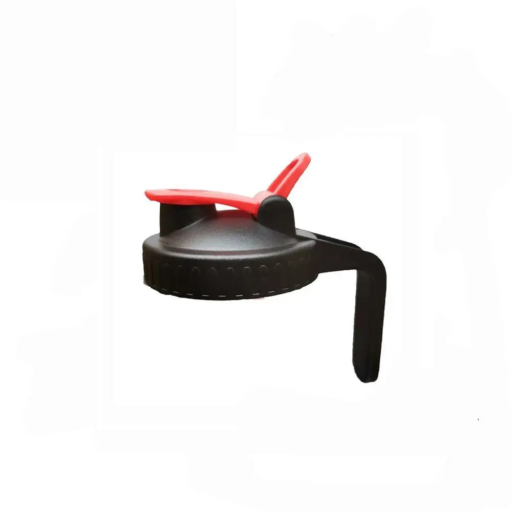 Black mason jar lids with red pour spouts and handles.