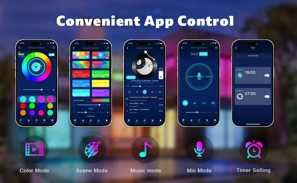 Screenshots showing various modes of convenient app control for smart lighting and audio devices.