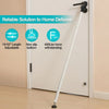 A white adjustable door security bar with a black hook is shown installed on a white door.