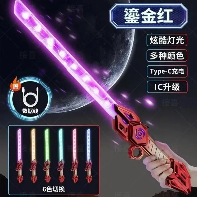 A hand holds a pink and purple LED lightsaber with a telescopic blade, showcasing six color options.