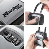 A portable combination key safe with a black body and metal accents is shown in various angles.