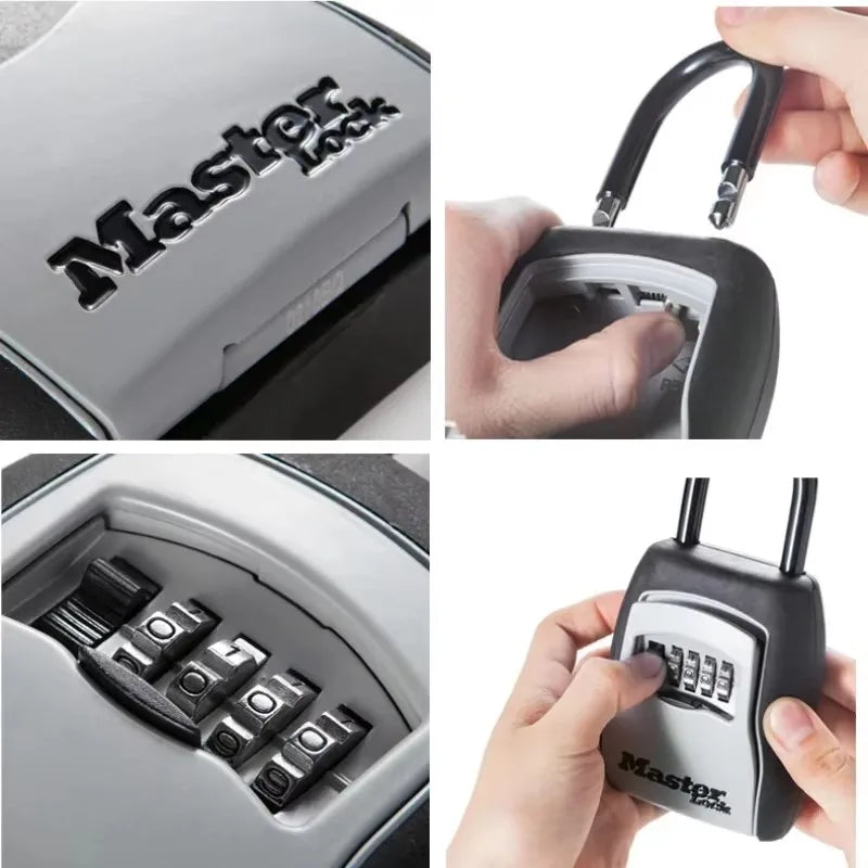 A portable combination key safe with a black body and metal accents is shown in various angles.
