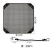 Black square mesh cover for an outdoor AC unit, measuring 91cm by 91cm with a 32.5cm cable.