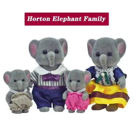 A set of Horton Elephant Family miniature dolls and furniture for a forest animal dollhouse