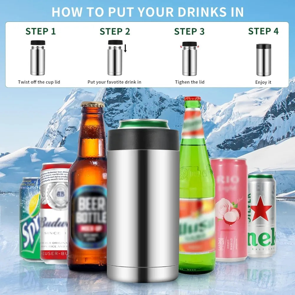 A set of double-wall vacuum-insulated stainless steel containers and a cooler with instructions for putting drinks in.