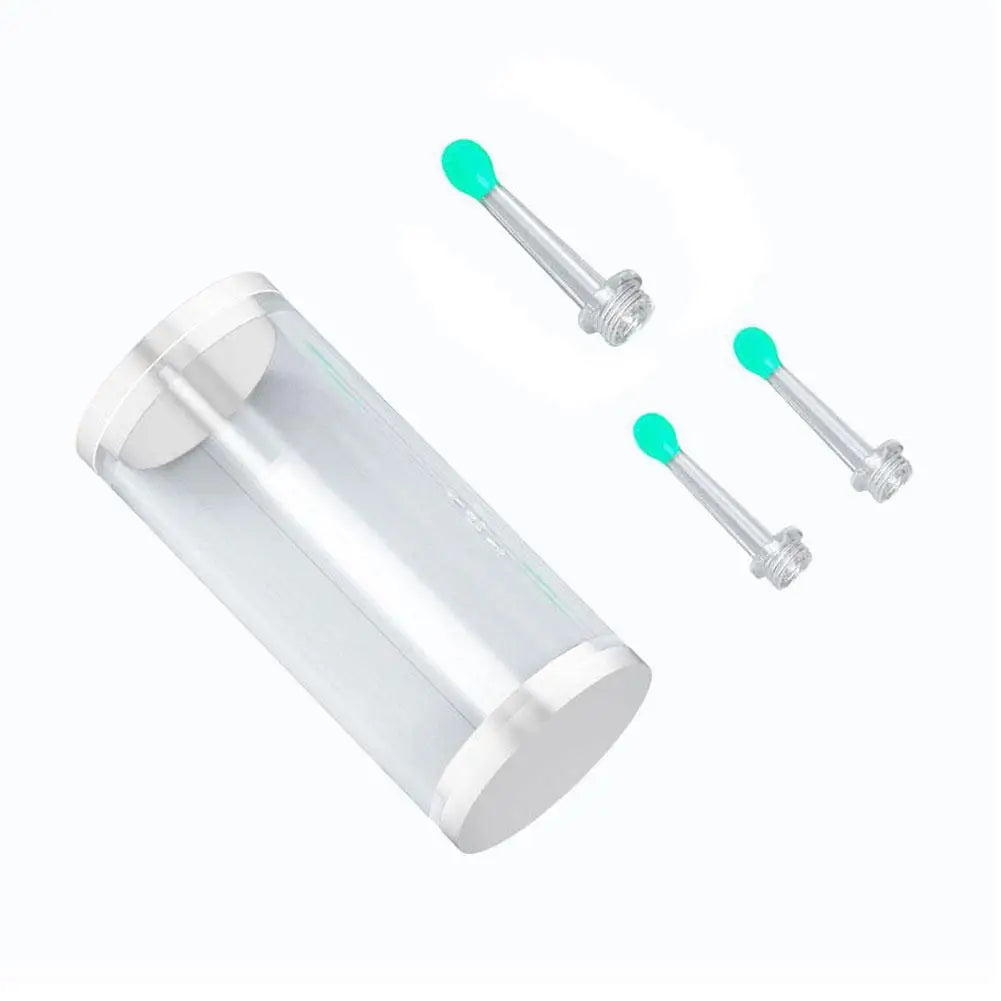A clear plastic replacement ear spoon tip and two metal tips are shown for a smart visual ear cleaner.