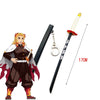 A replica metal katana sword inspired by Tanjiro, featuring a yellow hilt and a black blade, shown next to a figure.