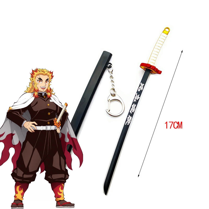 A replica metal katana sword inspired by Tanjiro, featuring a yellow hilt and a black blade, shown next to a figure.