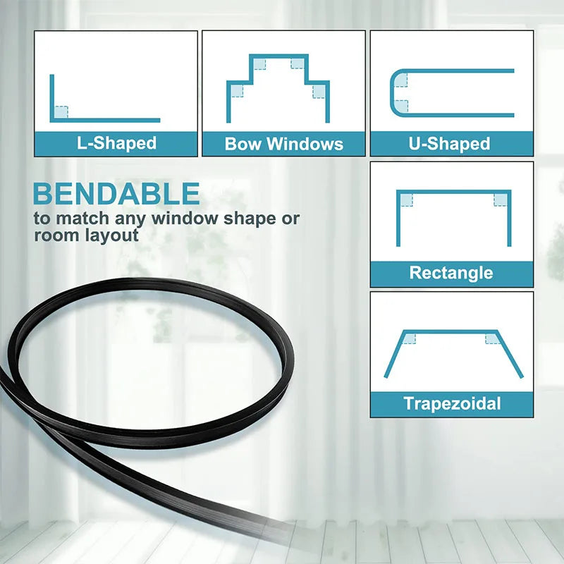 A flexible black bendable curtain track system shown with various window shapes for mounting.