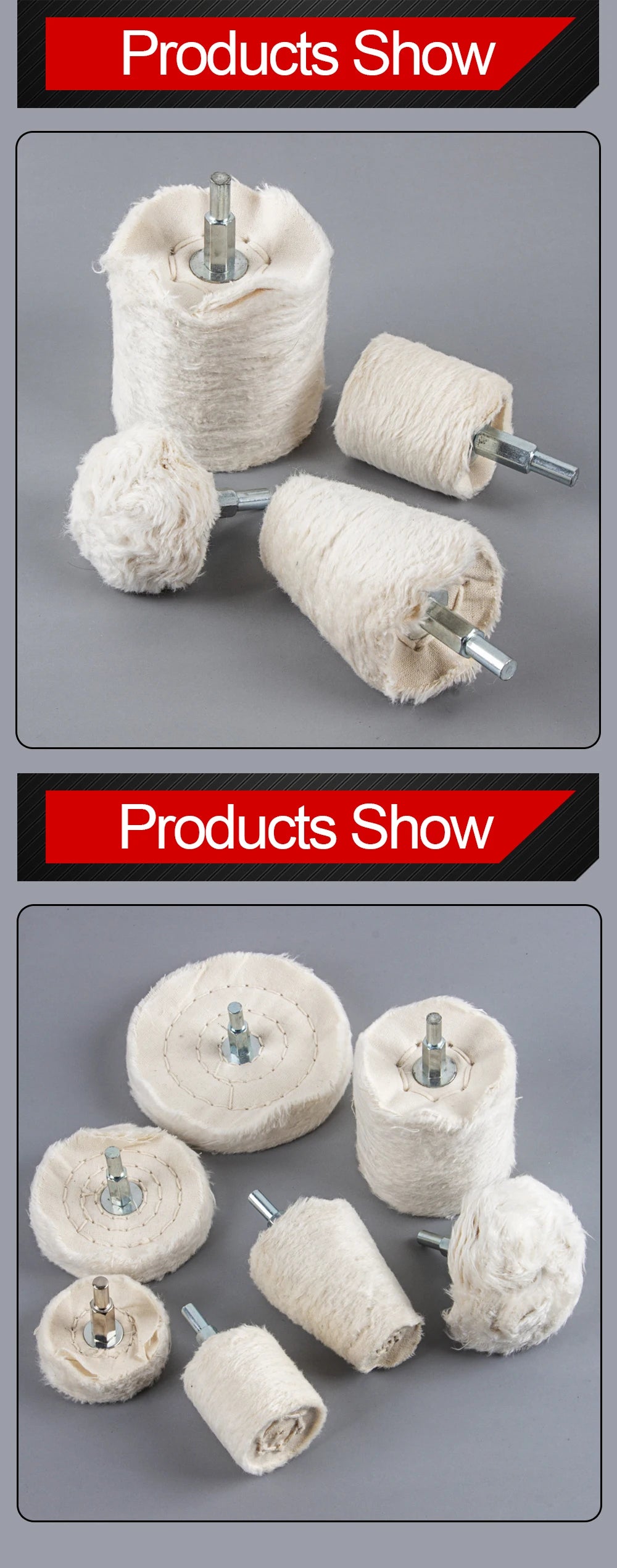 A set of cotton polishing buffing wheels for drills, showing various sizes and materials.