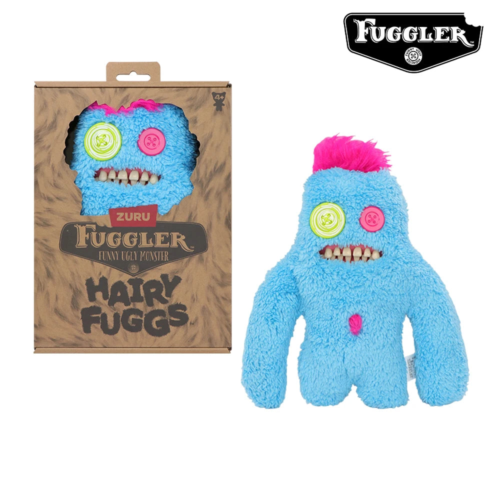 A bright blue Fuggler Ugly Monster plush toy with pink hair and funny teeth.