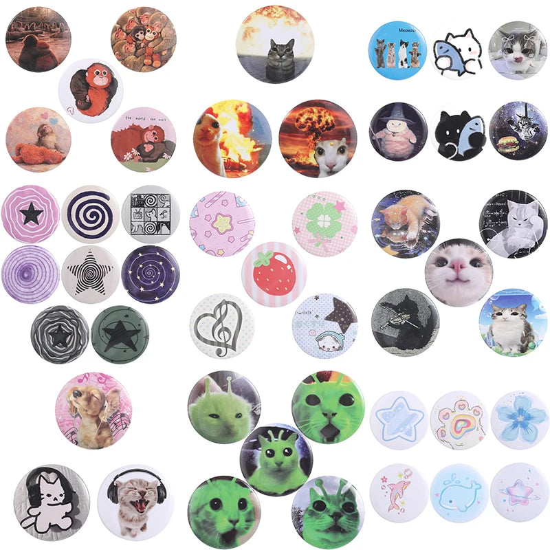A collection of playful tinplate pin set brooches featuring various cats, dogs, and meme faces.