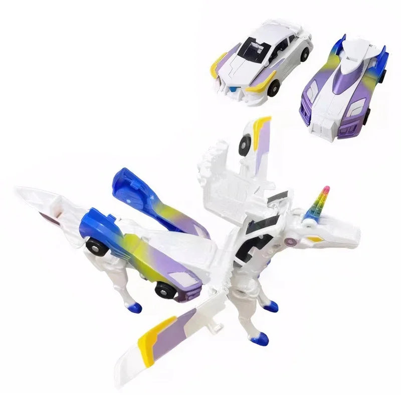 A white unicorn transforming into a car toy with purple and yellow accents.