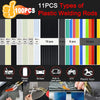 A collection of 11 pieces of various colored plastic welding rods and a professional 2-in-1 plastic welding kit with a hot st