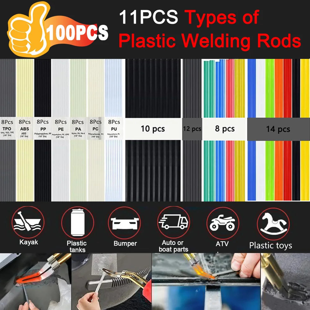 A collection of 11 pieces of various colored plastic welding rods and a professional 2-in-1 plastic welding kit with a hot st