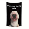 A black tapestry wall hanging featuring a funny bull terrier meme face.
